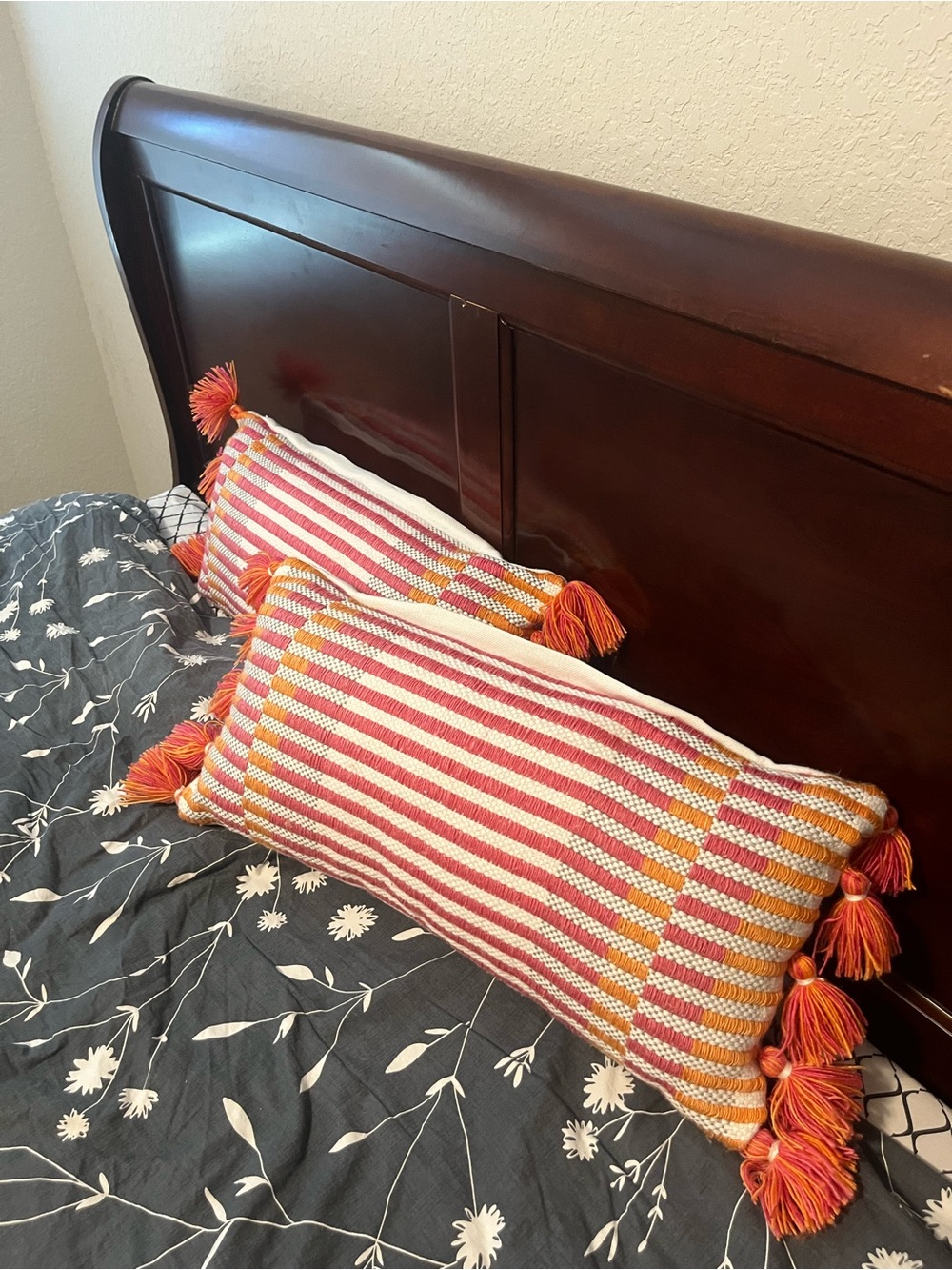 World Market Set of 2 Fuchsia Multi-Stripe Fringe Boho Lumbar Throw Pillows